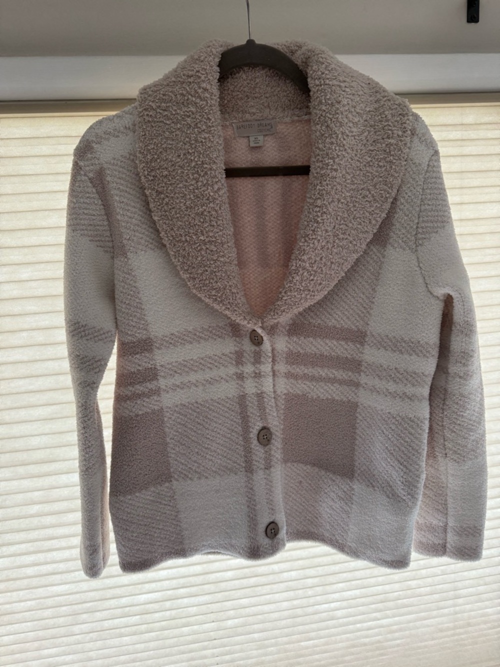 Barefoot dreams Cozychic Plaid Shawl-Collar Button Sweater - Cream Taupe